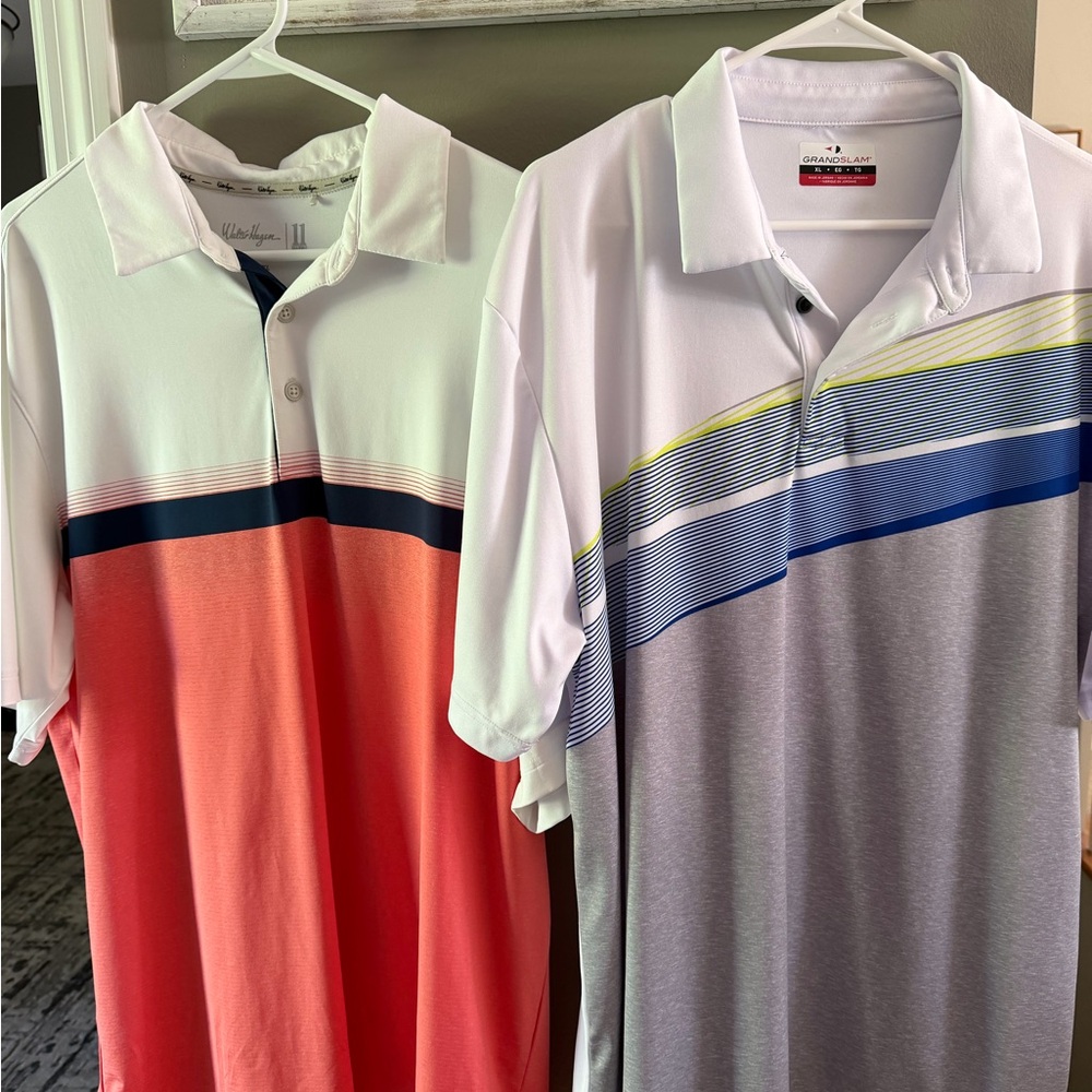 Walter Hagen Men’s White & Coral and White & Gray Striped Polo Duo
